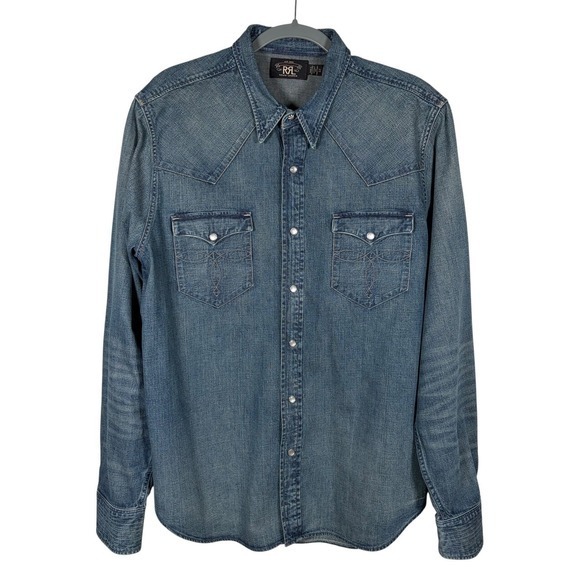 Ralph Lauren Double RRL Denim Shirt Mens XL Slim Fit Western Pearl Snap Cowboy - Picture 7 of 14